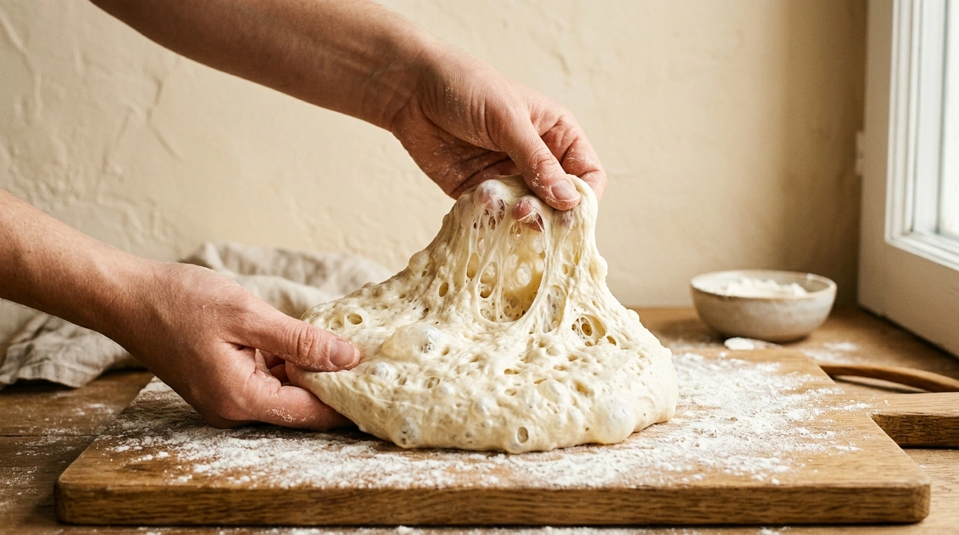 Pâte à pizza bien levée et alvéolée sur un plan de travail fariné