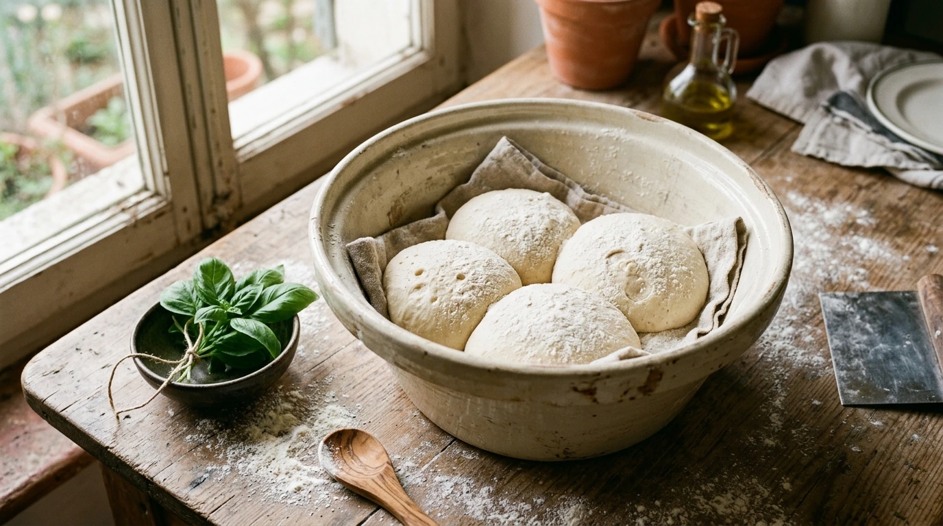 Pâtons de pizza en maturation dans des bacs