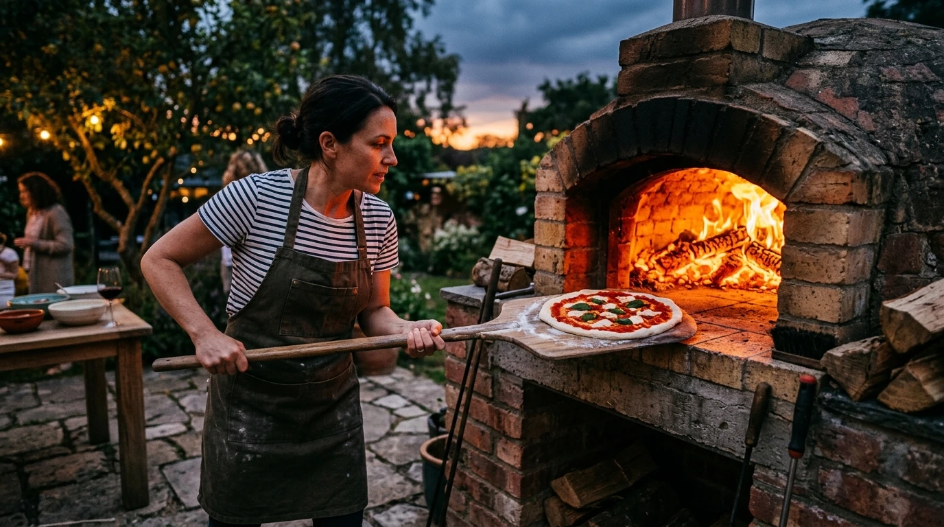 Four à pizza extérieur en pleine chauffe avec flamme