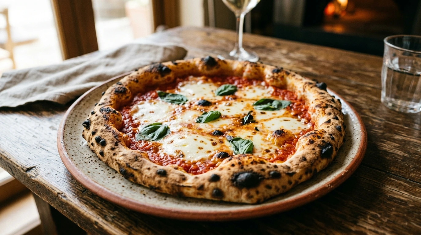 Pizza napolitaine à la bordure soufflée et léopardée