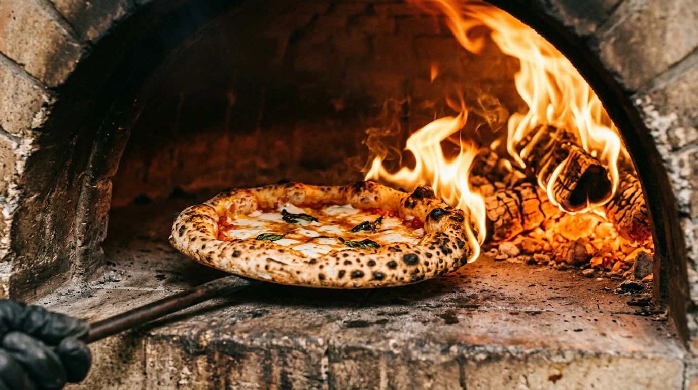 Pizza napolitaine en cuisson dans un four à bois