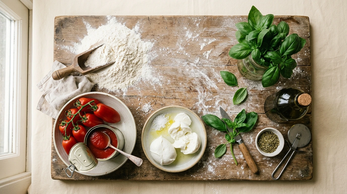 Farine, mozzarella et tomates San Marzano sur un plan de travail