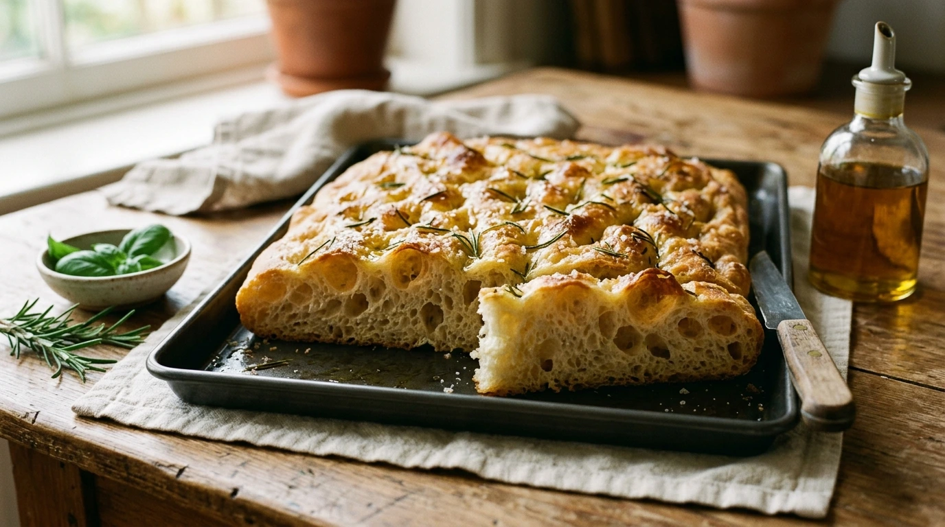 Focaccia dorée et alvéolée arrosée d'huile d'olive