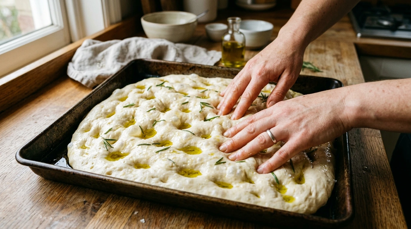 Doigts marquant les trous d'une focaccia avant cuisson