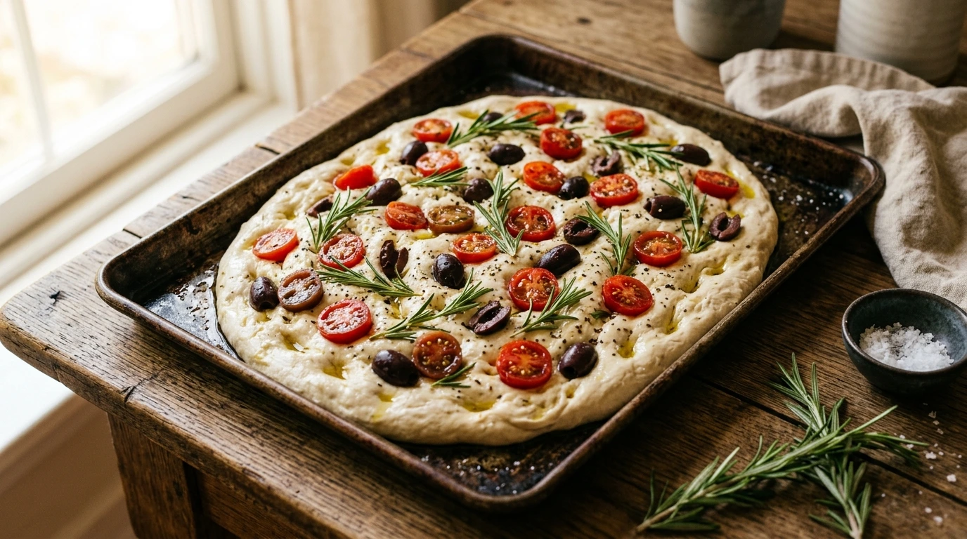 Focaccia garnie de tomates cerises, olives et romarin
