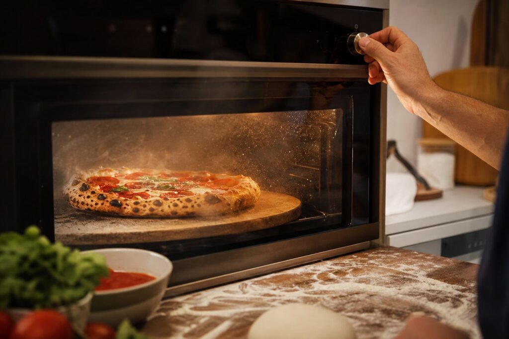 Cuire une pizza au four ménager : réglages qui marchent. Photographie éditoriale de pizza artisanale.