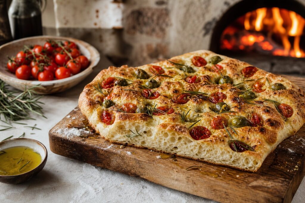 Focaccia garnie : tomates cerises, olives, romarin. Photographie éditoriale de pizza artisanale.