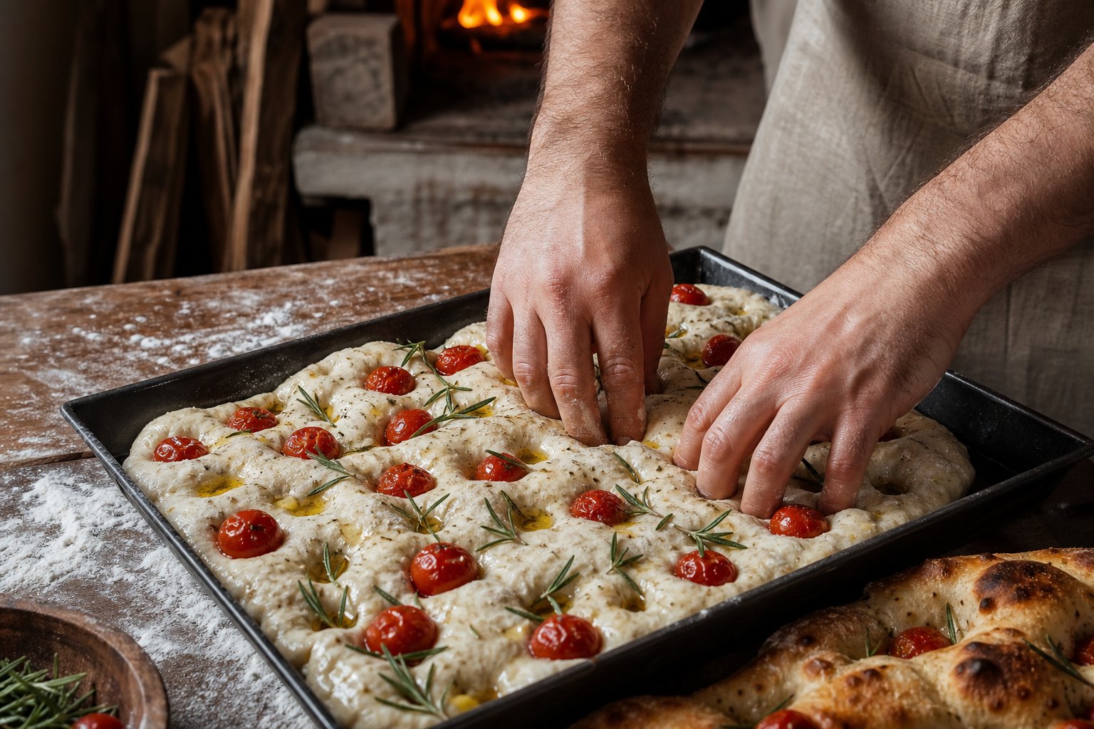 Content illustration: Focaccia garnie : tomates cerises, olives, romarin