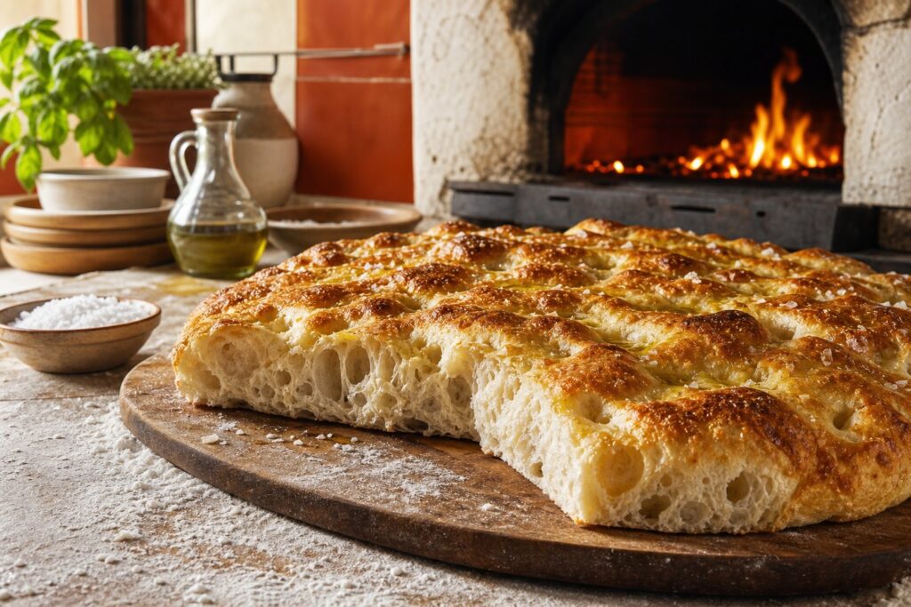 Focaccia genovese : l&rsquo;authentique à l&rsquo;huile d&rsquo;olive. Photographie éditoriale de pizza artisanale.