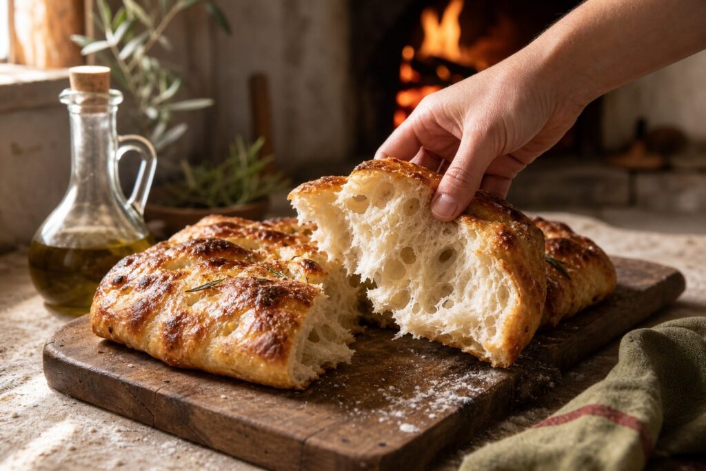 Focaccia sans levain : version rapide à la levure. Photographie éditoriale de pizza artisanale.