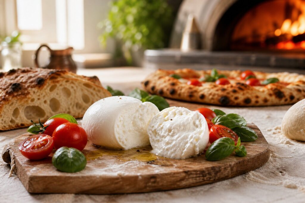 Mozzarella pour pizza : fior di latte ou bufala ?. Photographie éditoriale de pizza artisanale.