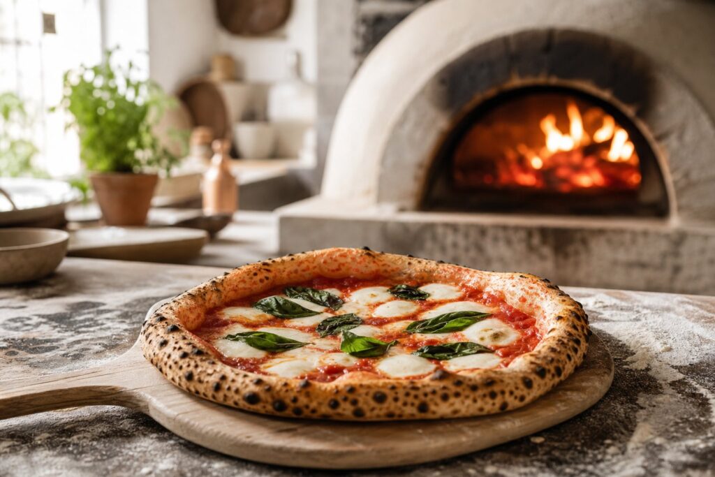 Pizza margherita : l&rsquo;originale en 5 ingrédients. Photographie éditoriale de pizza artisanale.