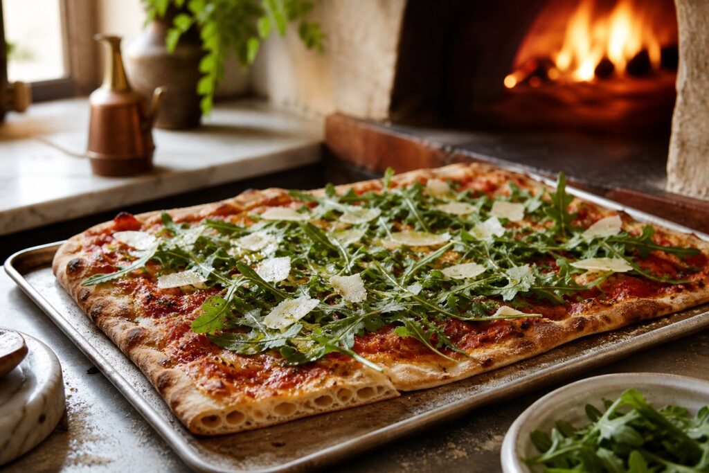 Pizza romaine : la version fine et croustillante. Photographie éditoriale de pizza artisanale.