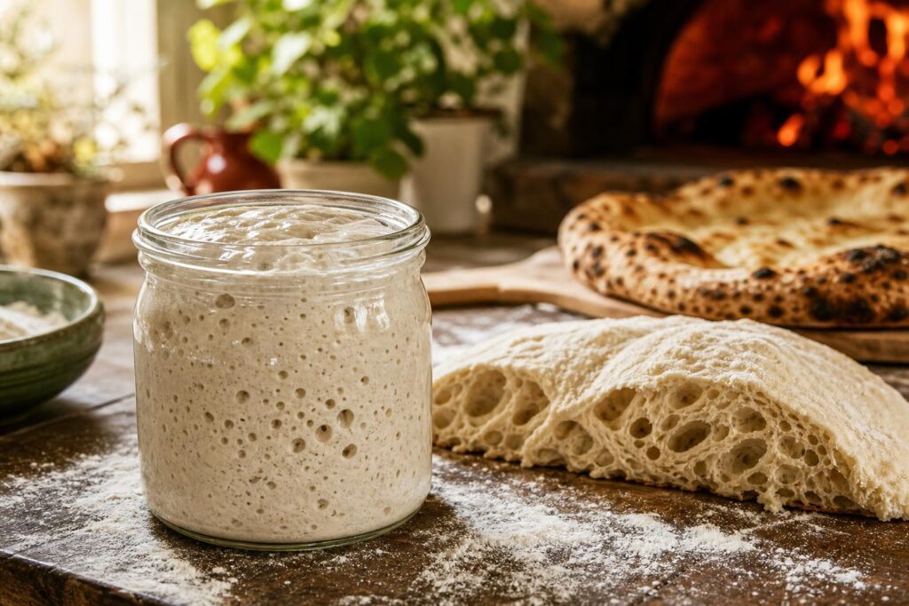 Poolish pour pizza : la pré-fermentation pas à pas. Photographie éditoriale de pizza artisanale.