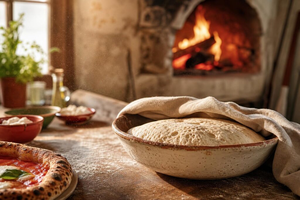Pâte à pizza sans pétrissage : la méthode simple. Photographie éditoriale de pizza artisanale.