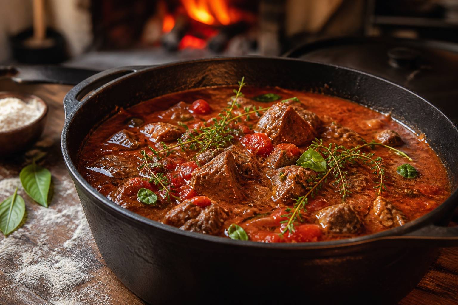 Gros plan d'un sauté d'agneau à la sauce tomate en cocotte