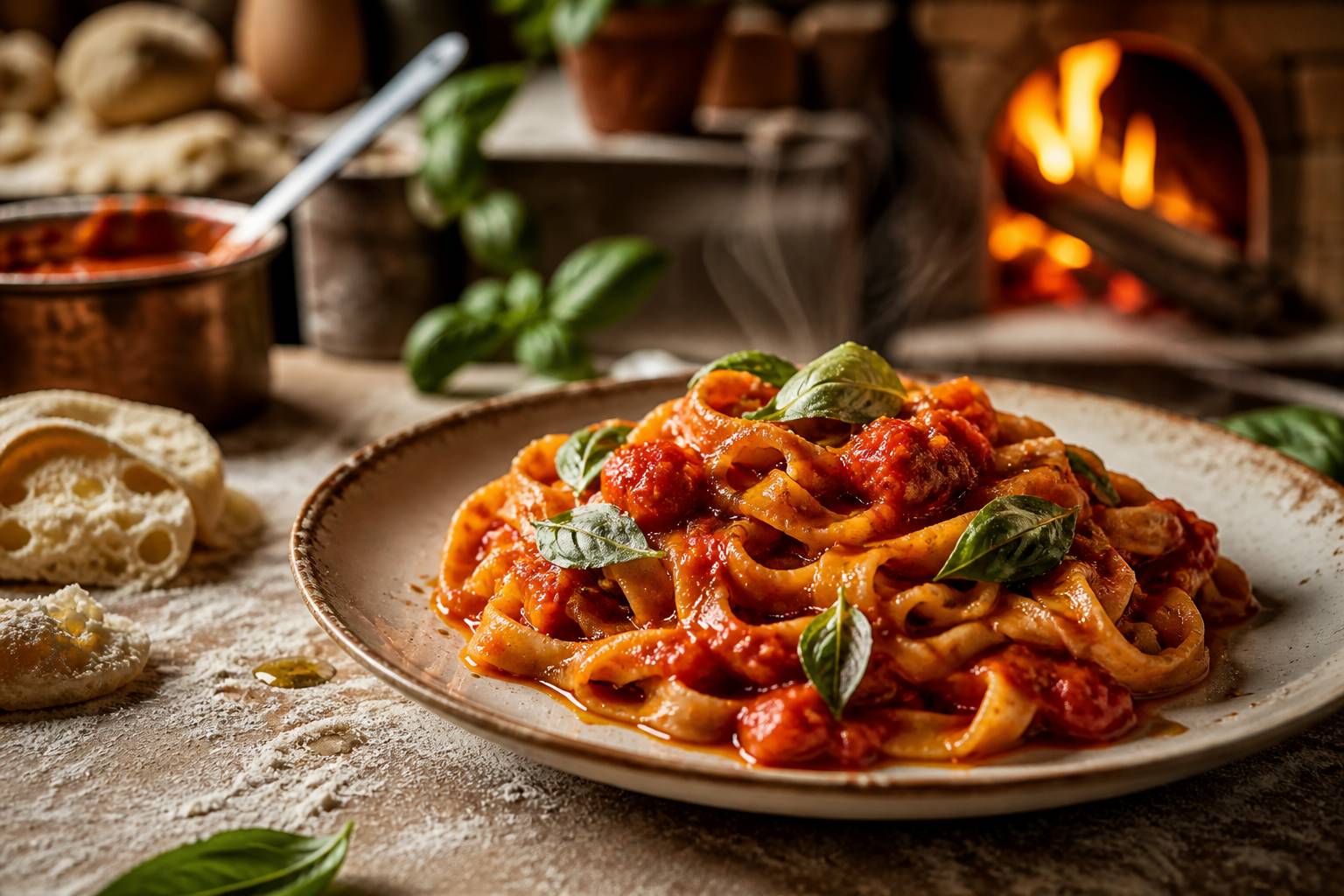 Assiette de pâtes fraîches avec sauce tomate et basilic