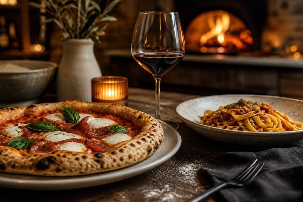 Pizza et pâtes fraîches avec un verre de vin rouge sur une table de brasserie