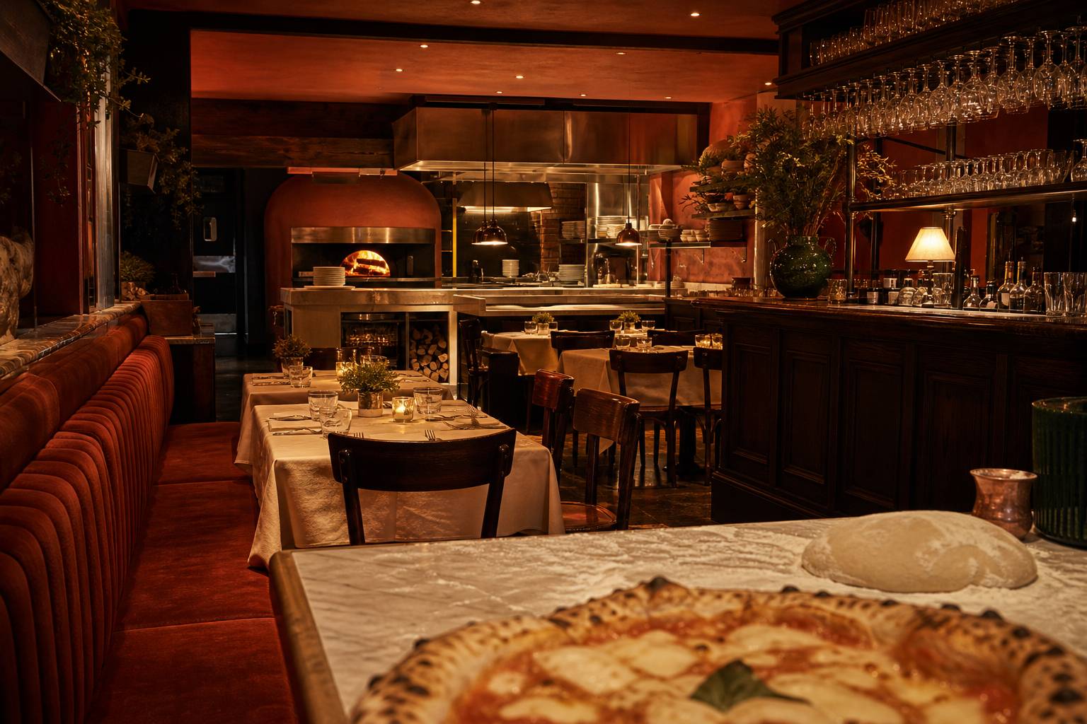 Salle de brasserie italienne avec banquettes, bar en bois et cuisine ouverte