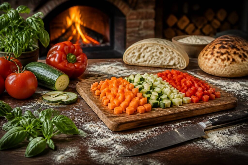 Petits dés réguliers de carotte, courgette et poivron sur une planche
