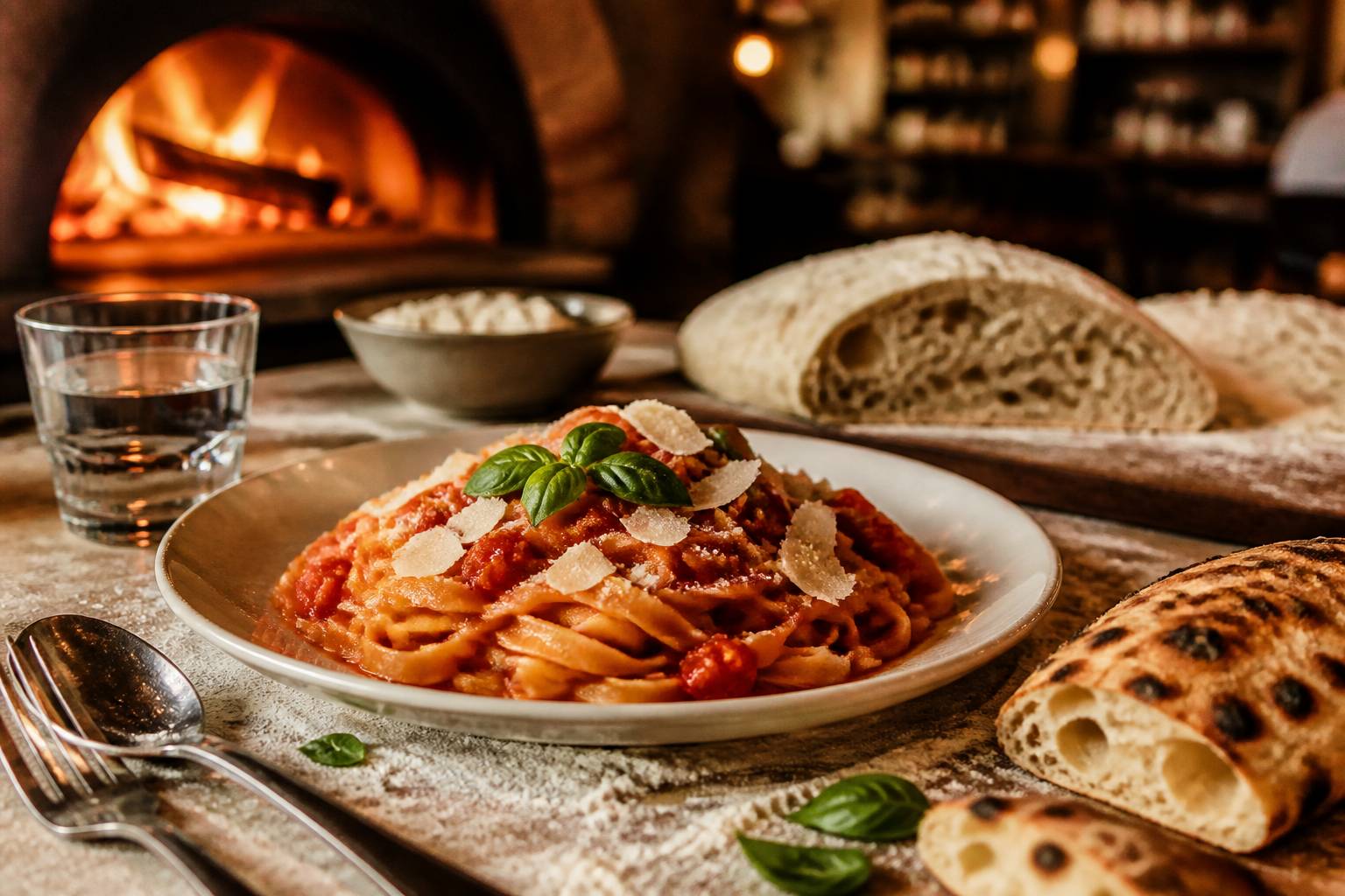 Assiette de tagliatelles aux tomates et basilic sur un comptoir chaleureux