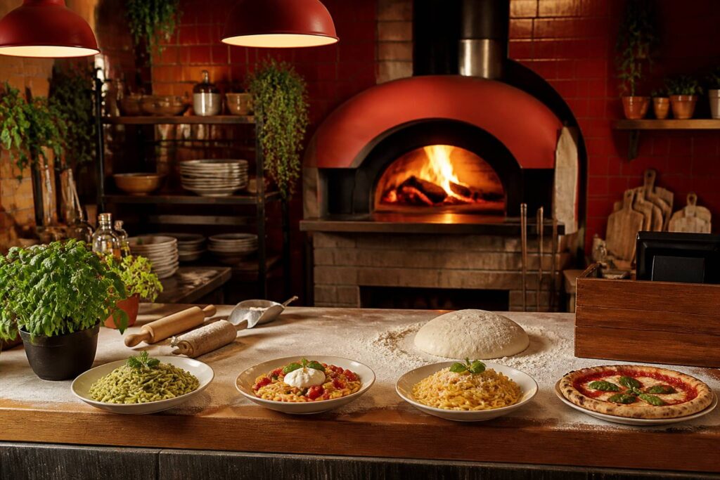 Trattoria moderne avec comptoir en bois et assiettes de pâtes fraîches
