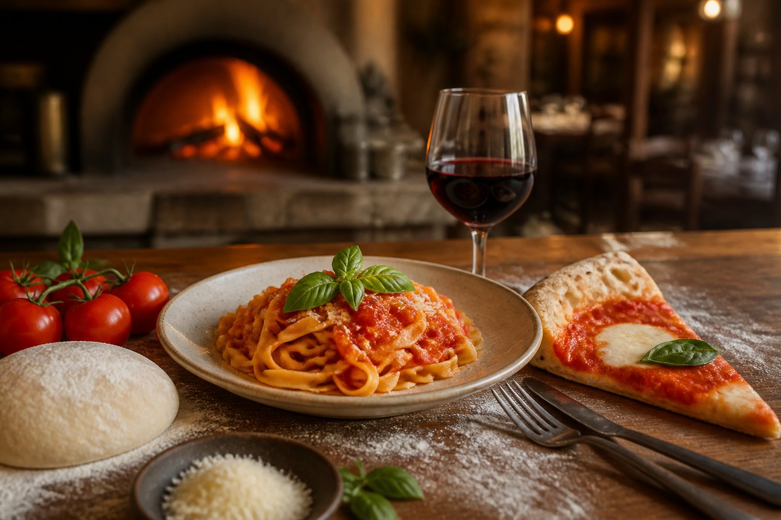 Tagliatelles fraîches sauce tomate et part de pizza margherita sur table italienne généreuse
