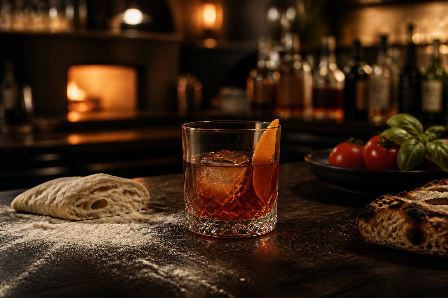 Verre de cocktail Old Fashioned avec gros glaçon sur un comptoir en bois