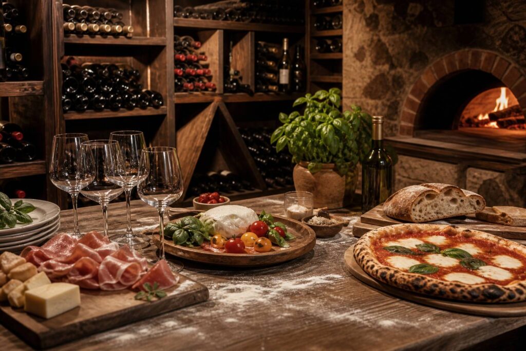 Cave à vin italienne avec étagères et table de dégustation