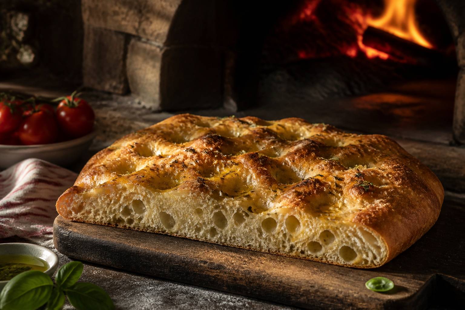 Focaccia dorée à la croûte léopardée sortant d'un four à bois avec herbes fraîches