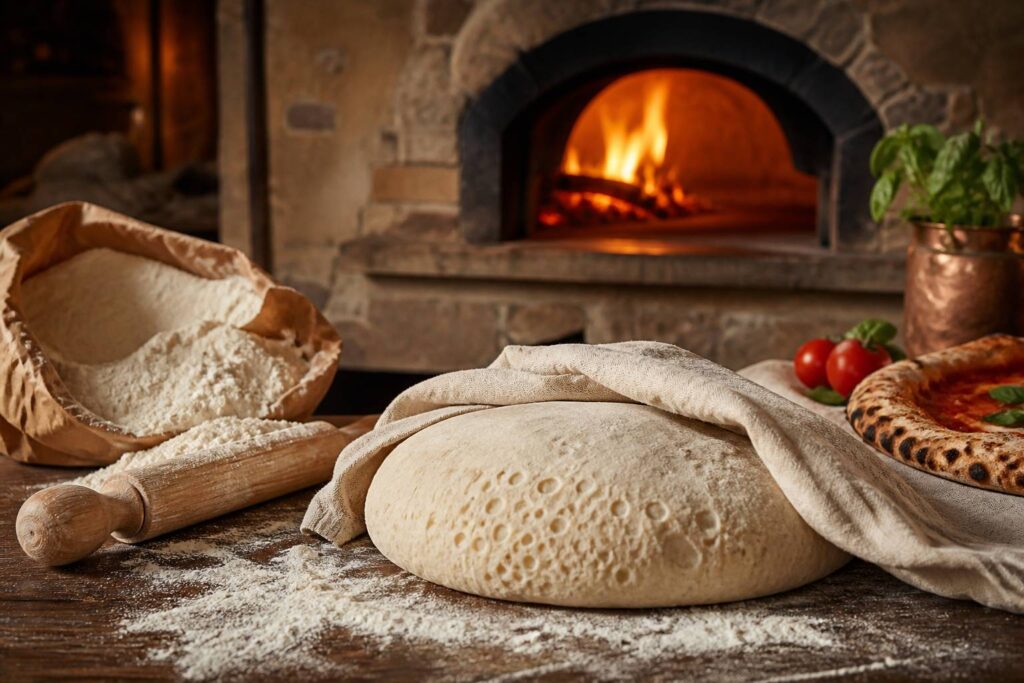 Four à pizza au feu de bois avec pâte posée sur plan fariné
