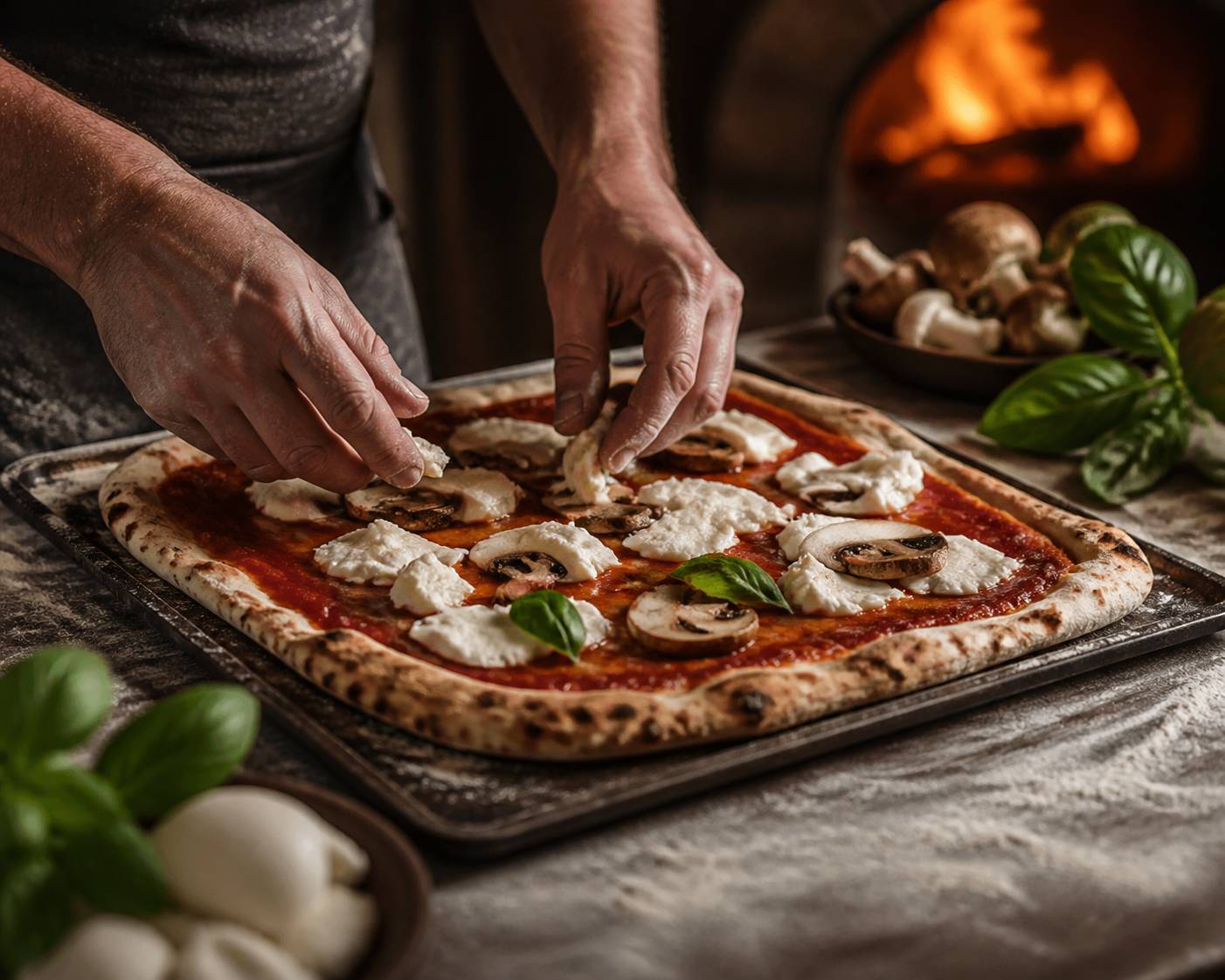 Mains garnissant une pinsa de sauce tomate champignons et mozzarella