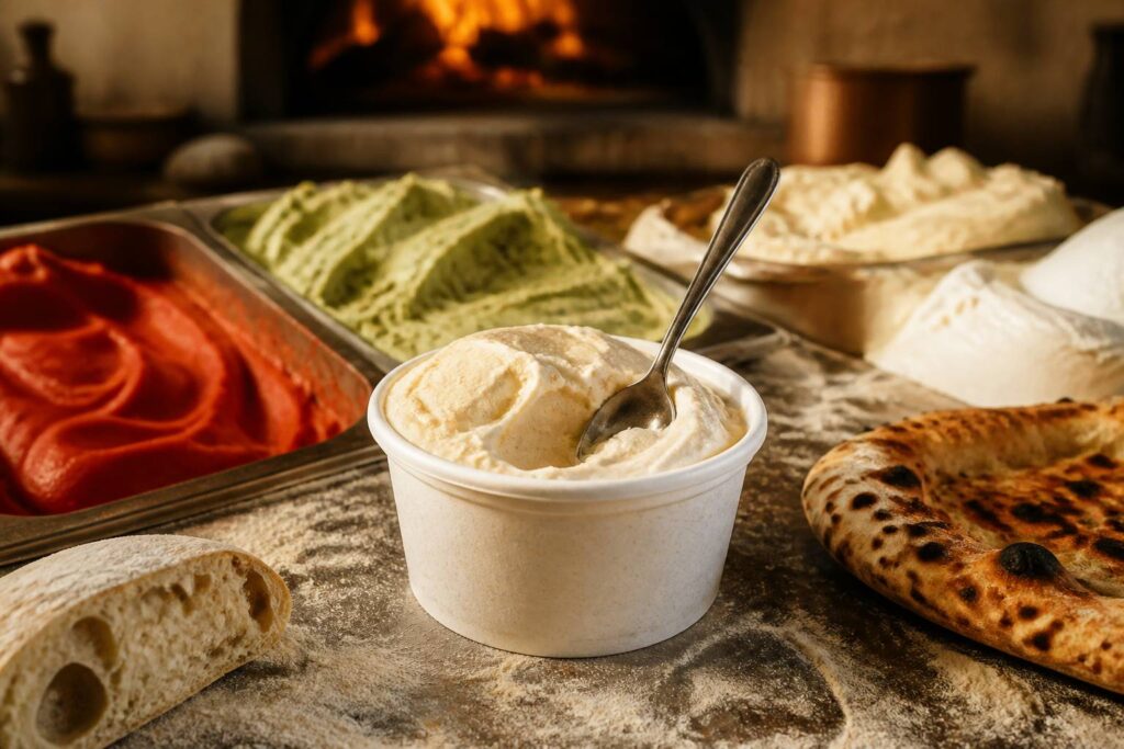 Pot de glace artisanale ouvert avec cuillère et parfums glacés colorés