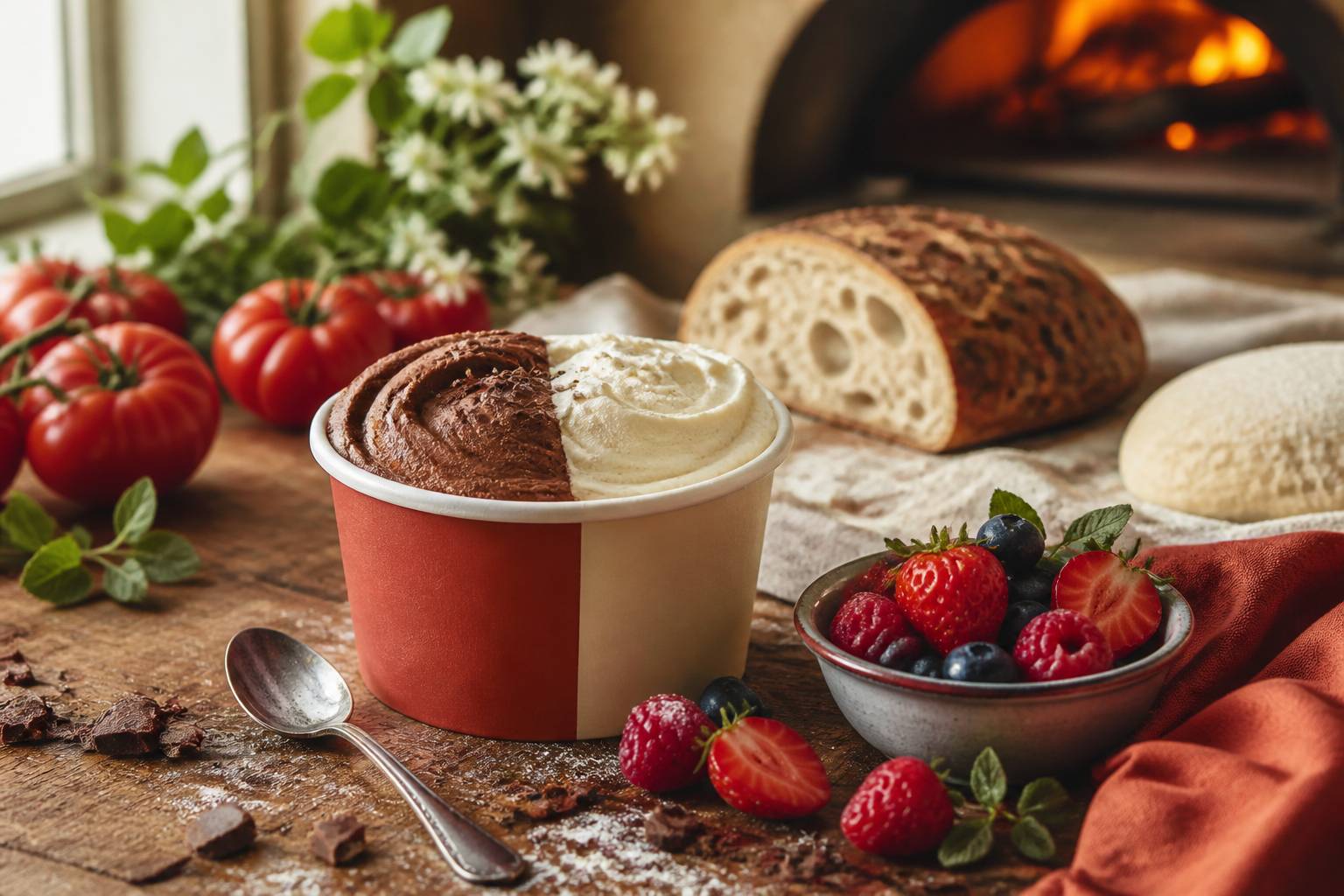Glace artisanale vanille chocolat avec fruits frais et éclats de cacao