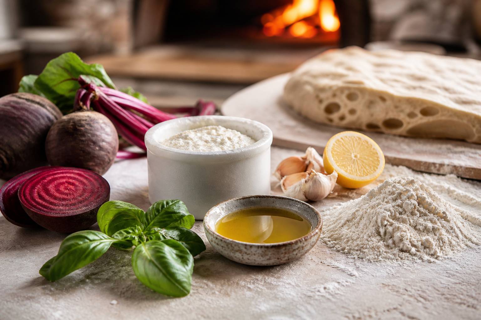 Betteraves, ail, citron et fromage frais sur un plan de travail