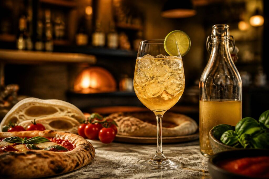 Verre à vin rempli de glaçons avec un spritz doré pâle