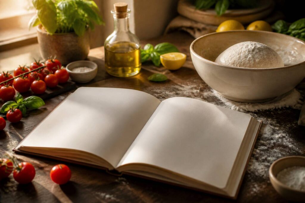 Livre de recettes méditerranéennes ouvert sur un plan de travail fariné avec tomates et basilic