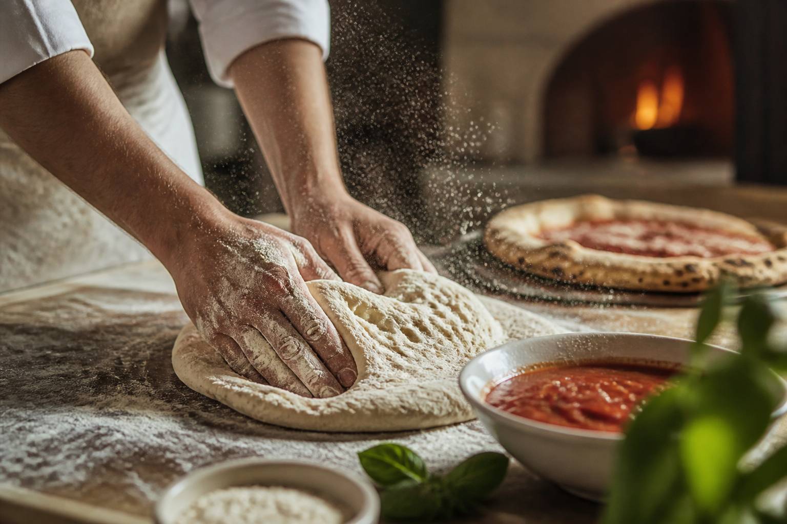 Mains pétrissant une pâte à pizza sur un plan fariné
