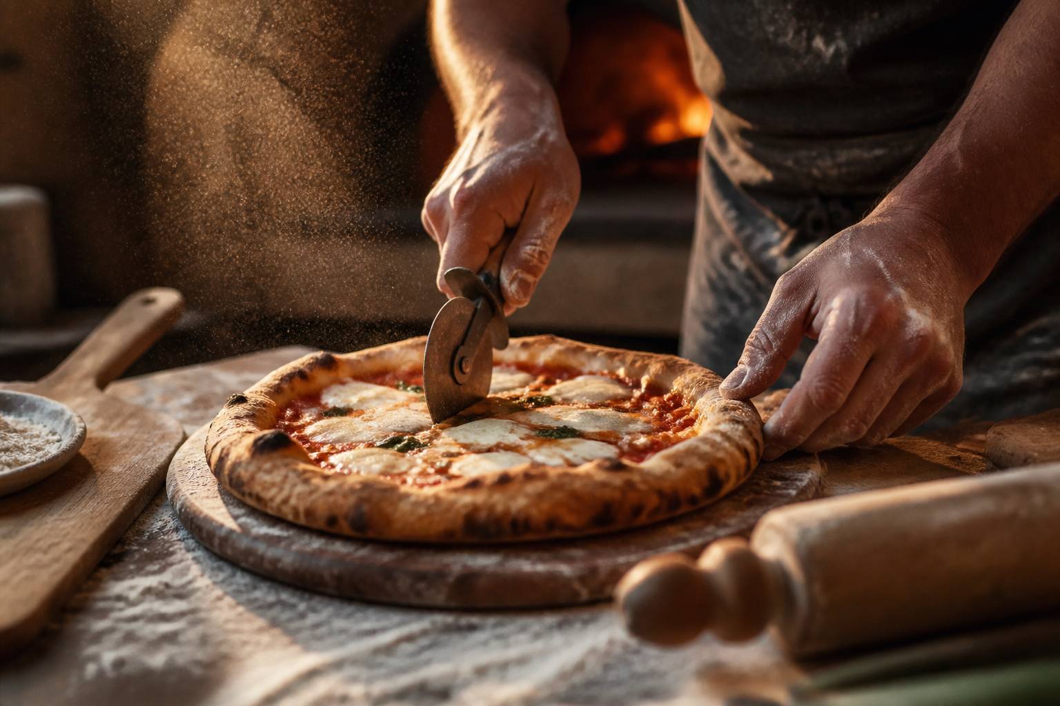 Mains d'un pizzaiolo coupant une pizza à la pâte alvéolée