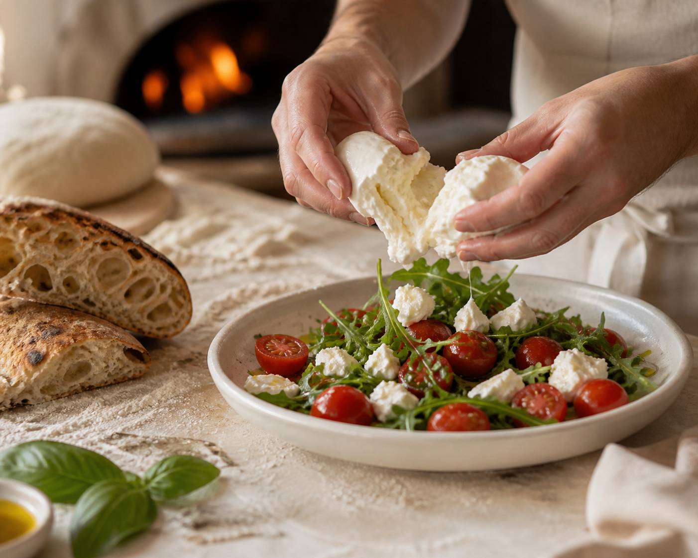 Mains déchirant une boule de mozzarella au-dessus d'une assiette de tomates