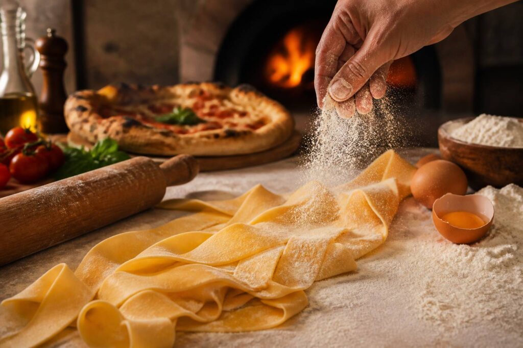 Larges rubans de pappardelle fraîches étalés sur un plan de travail fariné