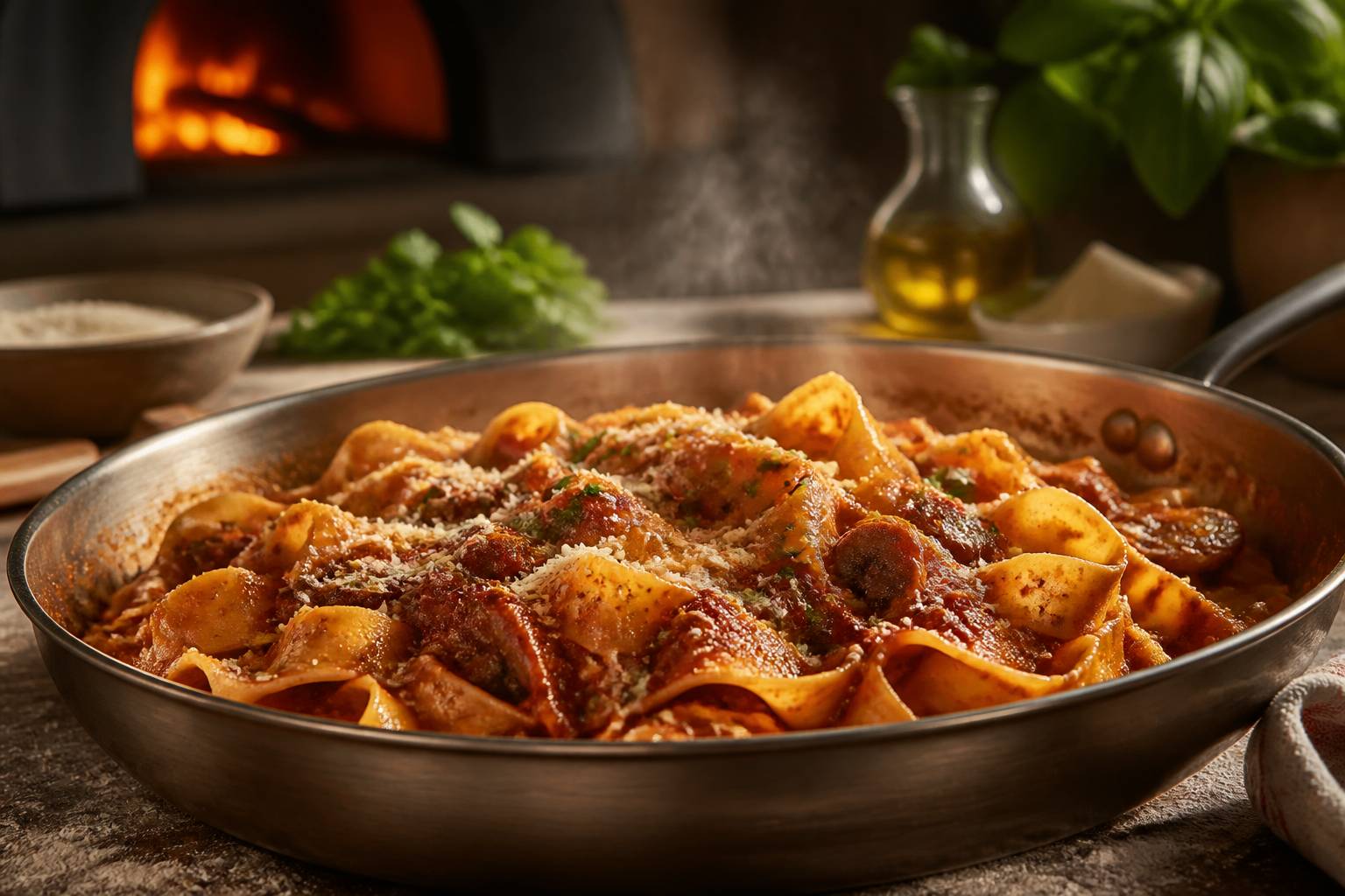 Pappardelle cuites enrobées d'une sauce aux champignons dans une poêle