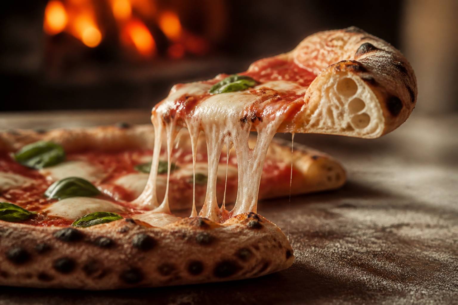 Part de pizza napolitaine au fromage filant avec feuilles de basilic