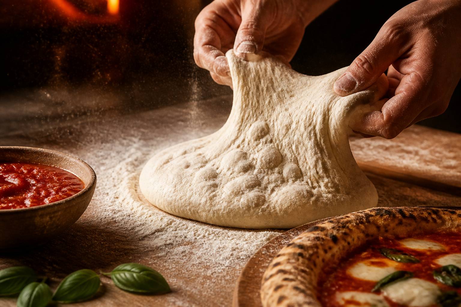 Mains de pizzaiolo étirant une pâte à pizza sur un plan fariné