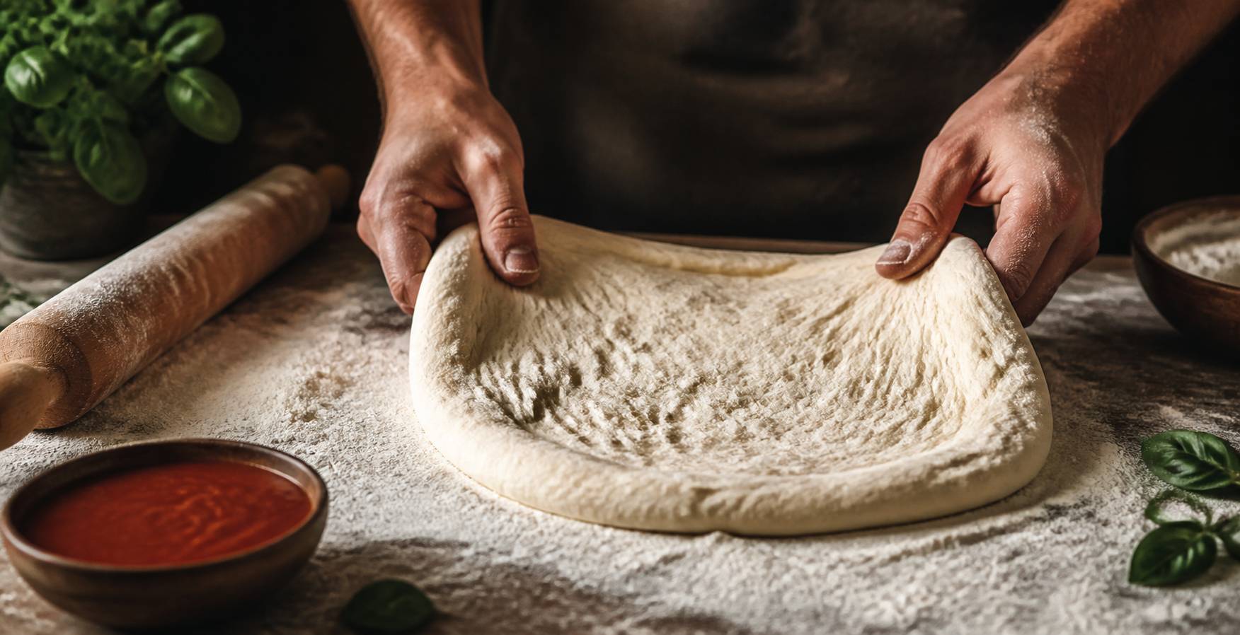 Boule de pâte à pizza alvéolée sur plan de travail enfariné
