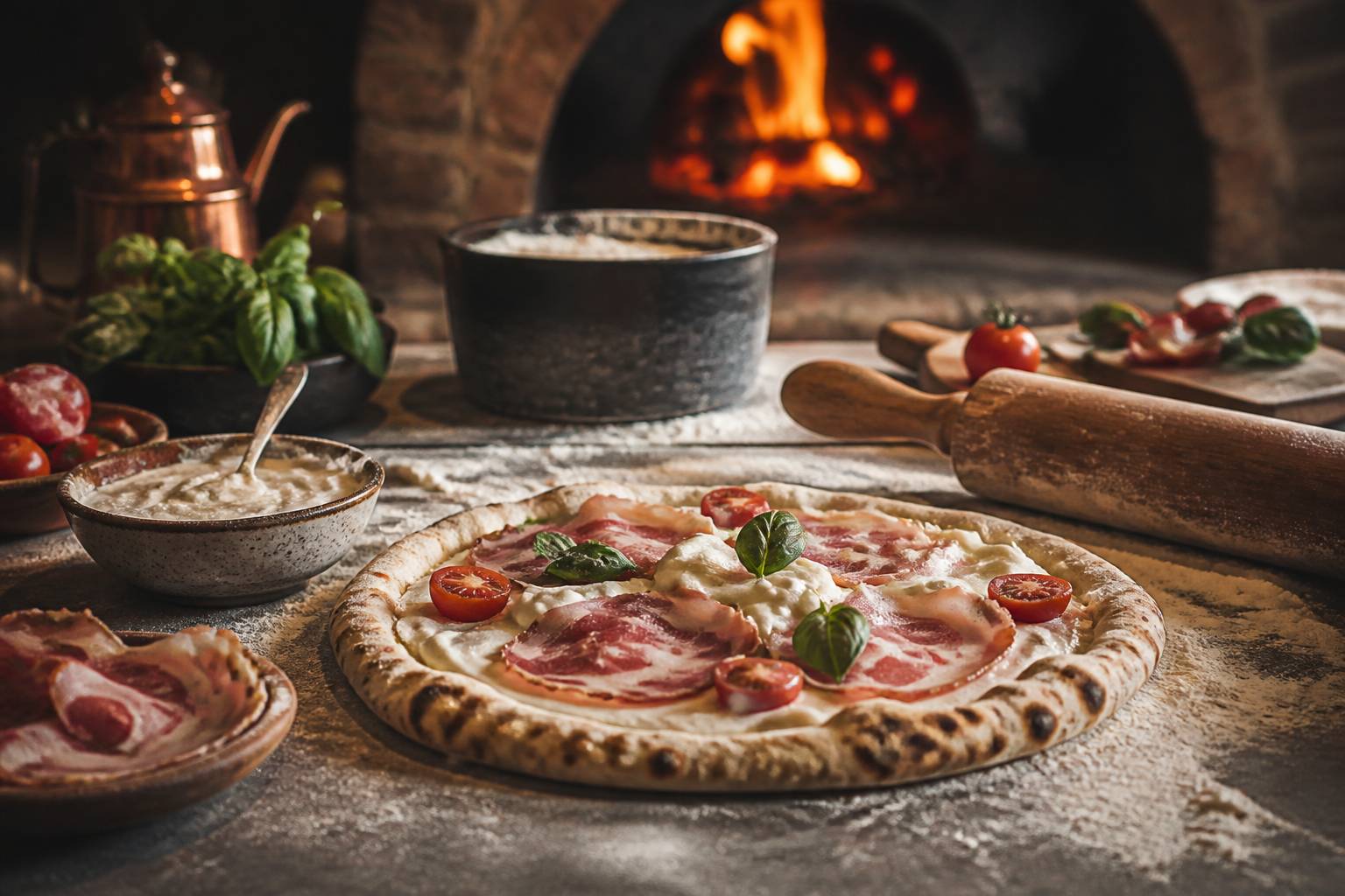 Pâte à pizza étalée avec de la farine et des ingrédients