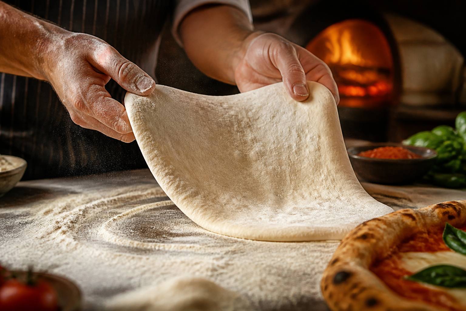 Pâte à pizza étirée à la main sur un plan de travail fariné