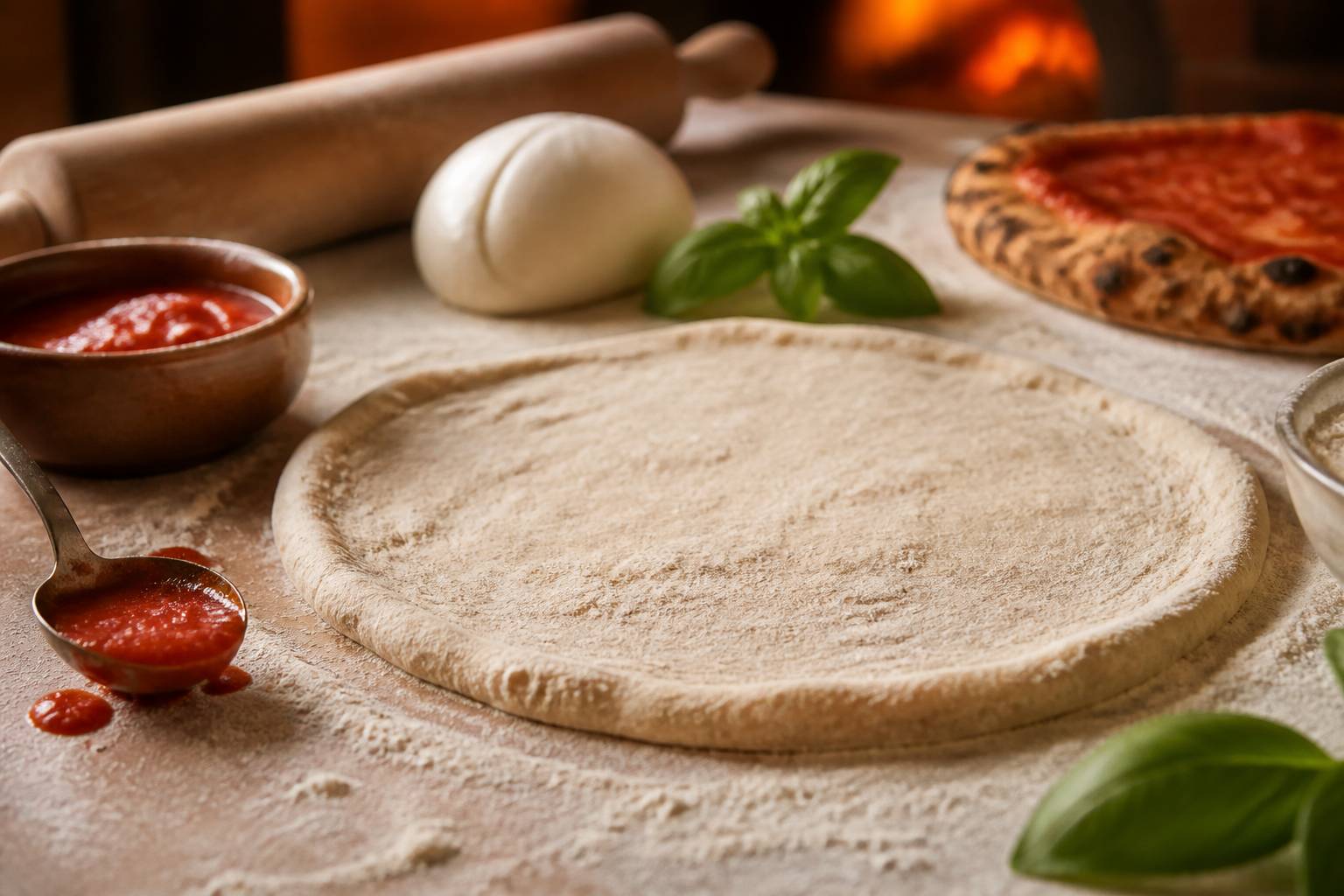 Pâte à pizza étirée avec sauce tomate et mozzarella sur plan fariné