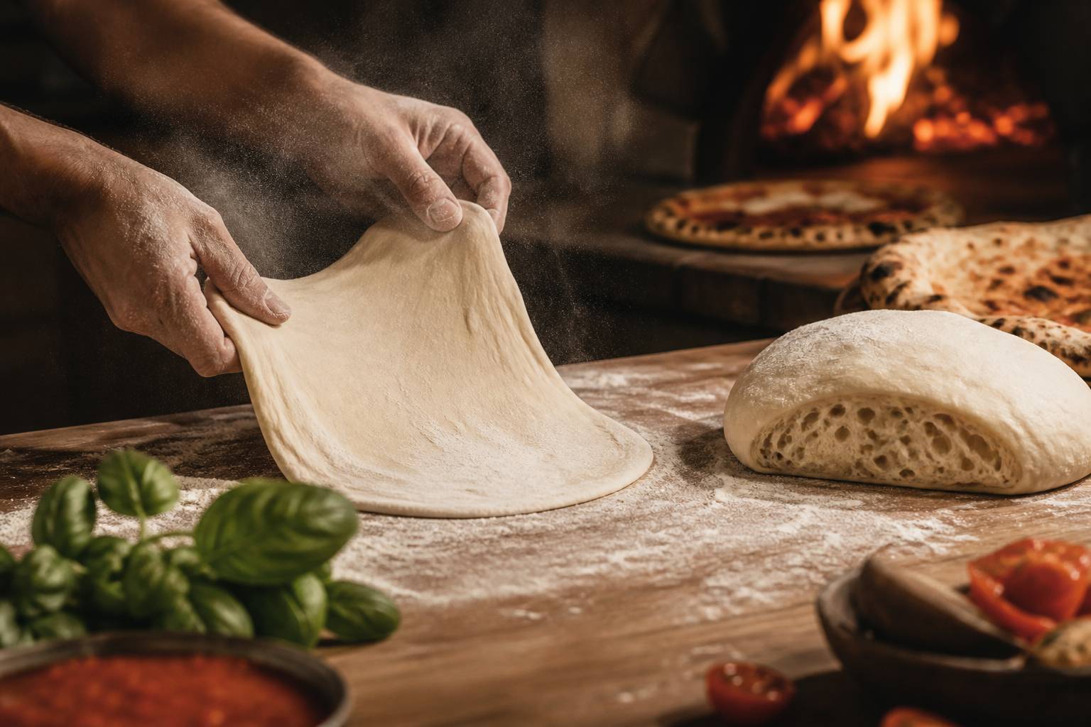 Mains farinées étirant une pâte à pizza sur un plan de travail