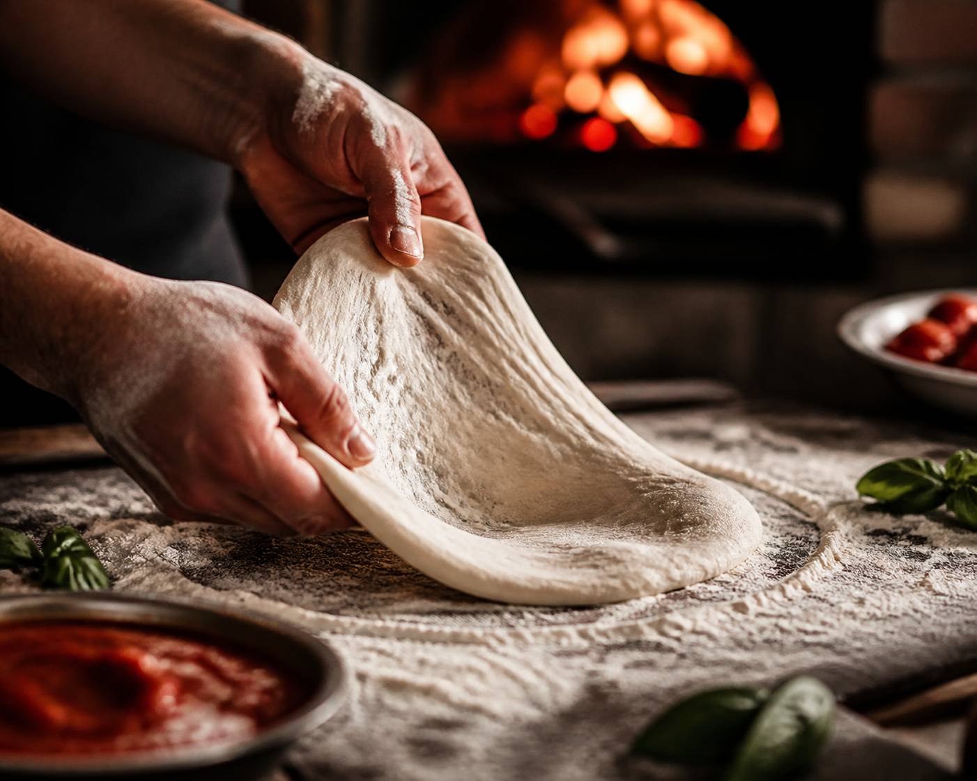 Mains de pizzaiolo étirant une pâte à pizza au levain sur un plan de travail fariné